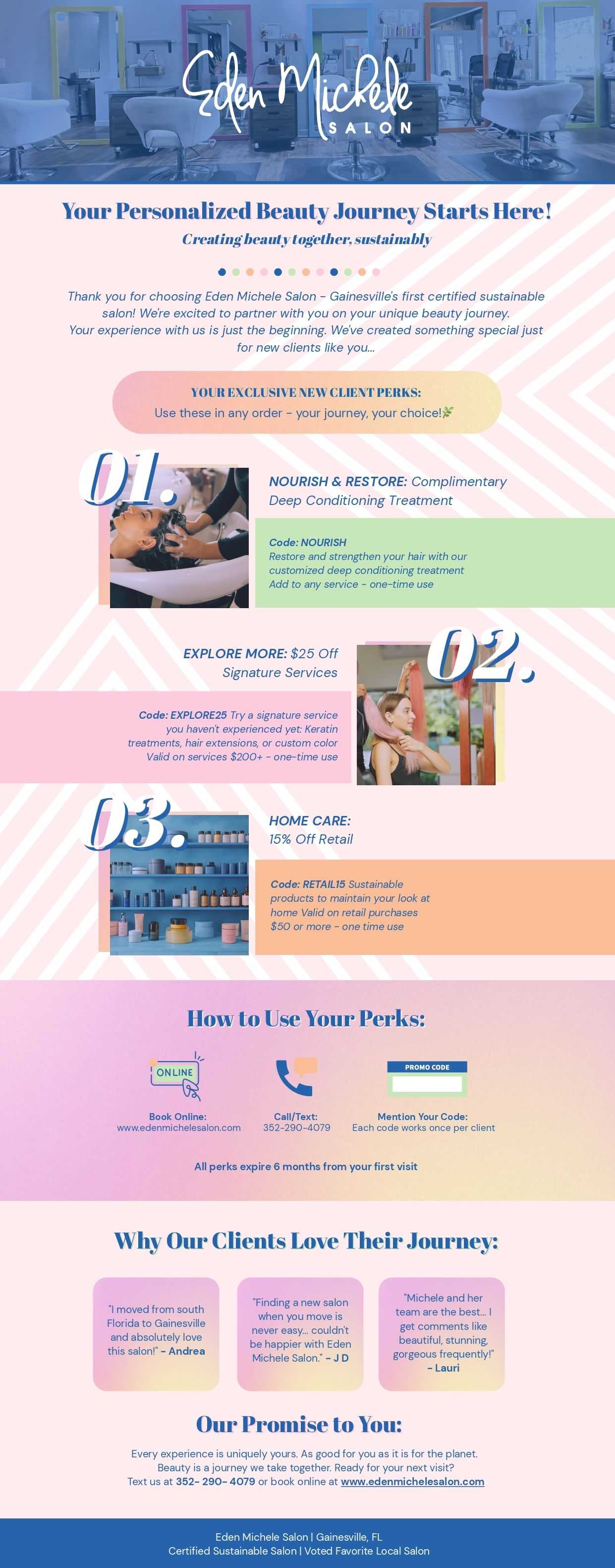 Eden Michael Salon perks: free deep conditioning, $25 off services, and home care discounts.