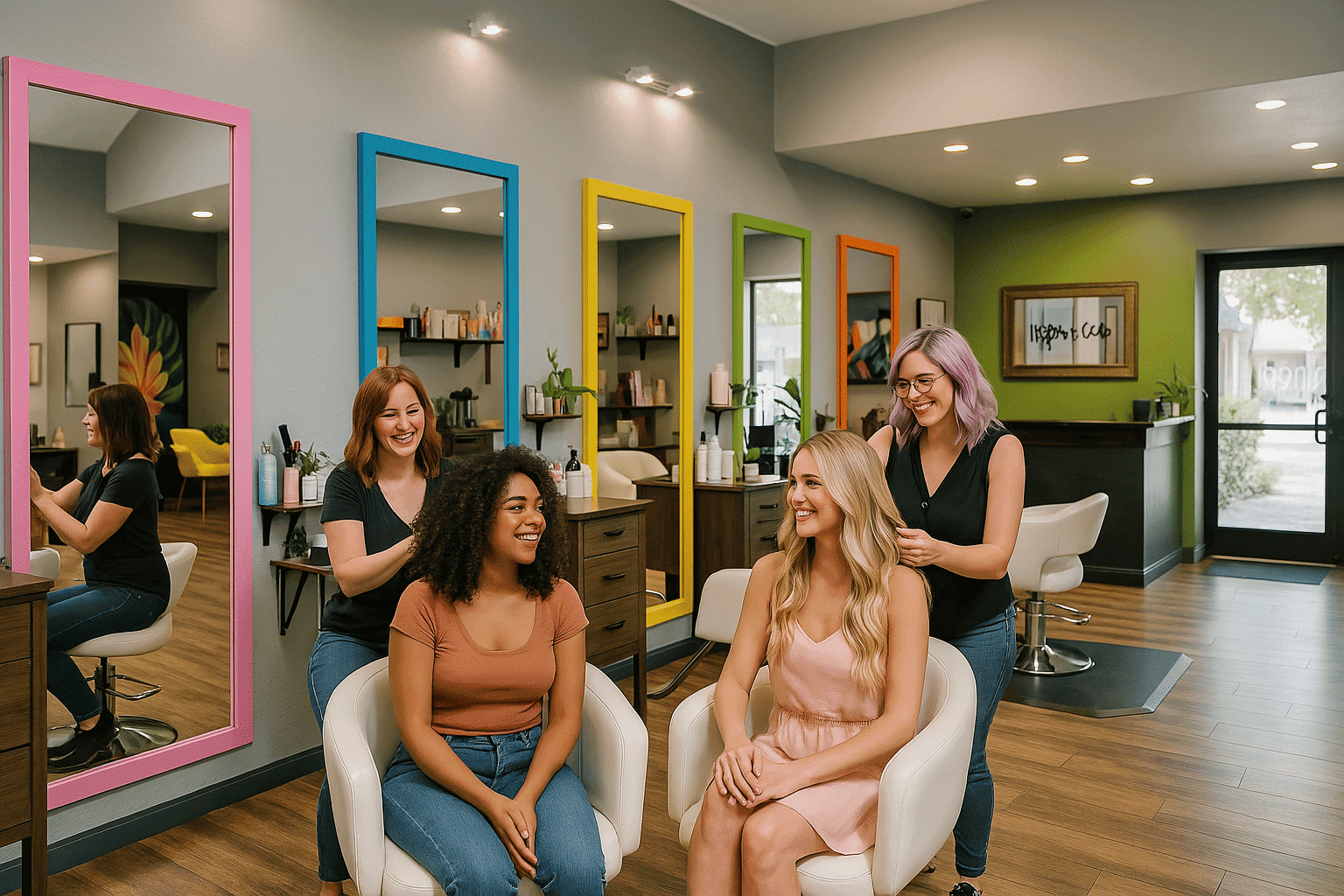 Hair salon with vibrant mirrors and smiling stylists attending clients.
